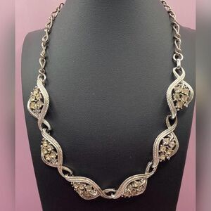 Silver Tone Rhinestone Floral Link Necklace Women Bib Statement Swirl